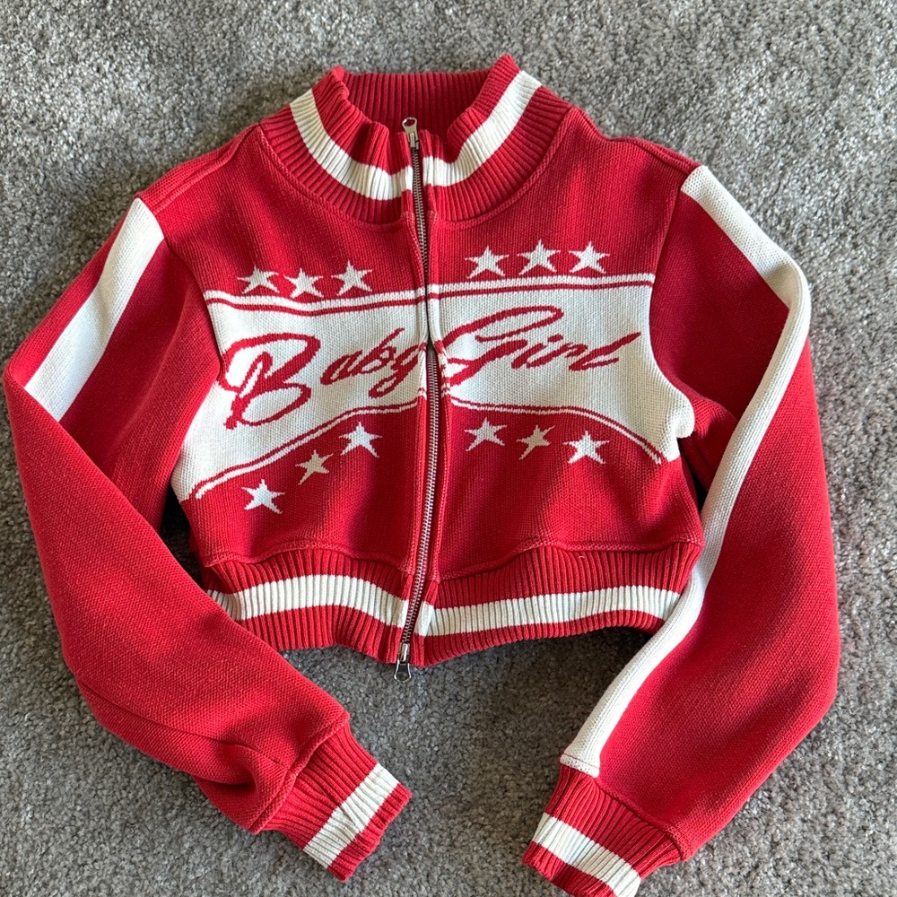 REVICE Red and White Star Zip-Up Sweater